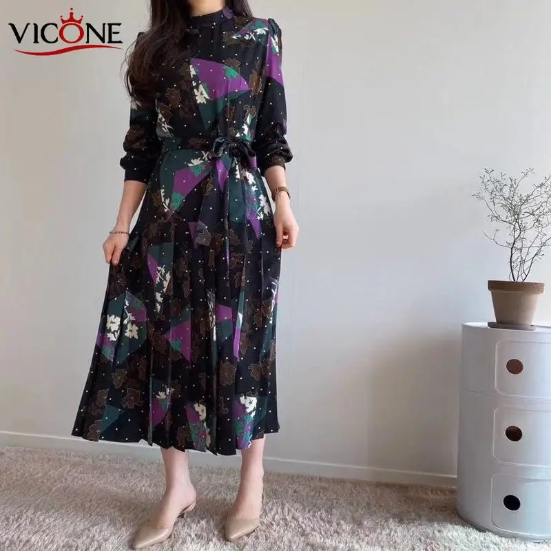 

VICONE Elegant O-neck Printed Women Dress Long Sleeve A-line Female Dress 2020 Vintage Women Midi Vestidos