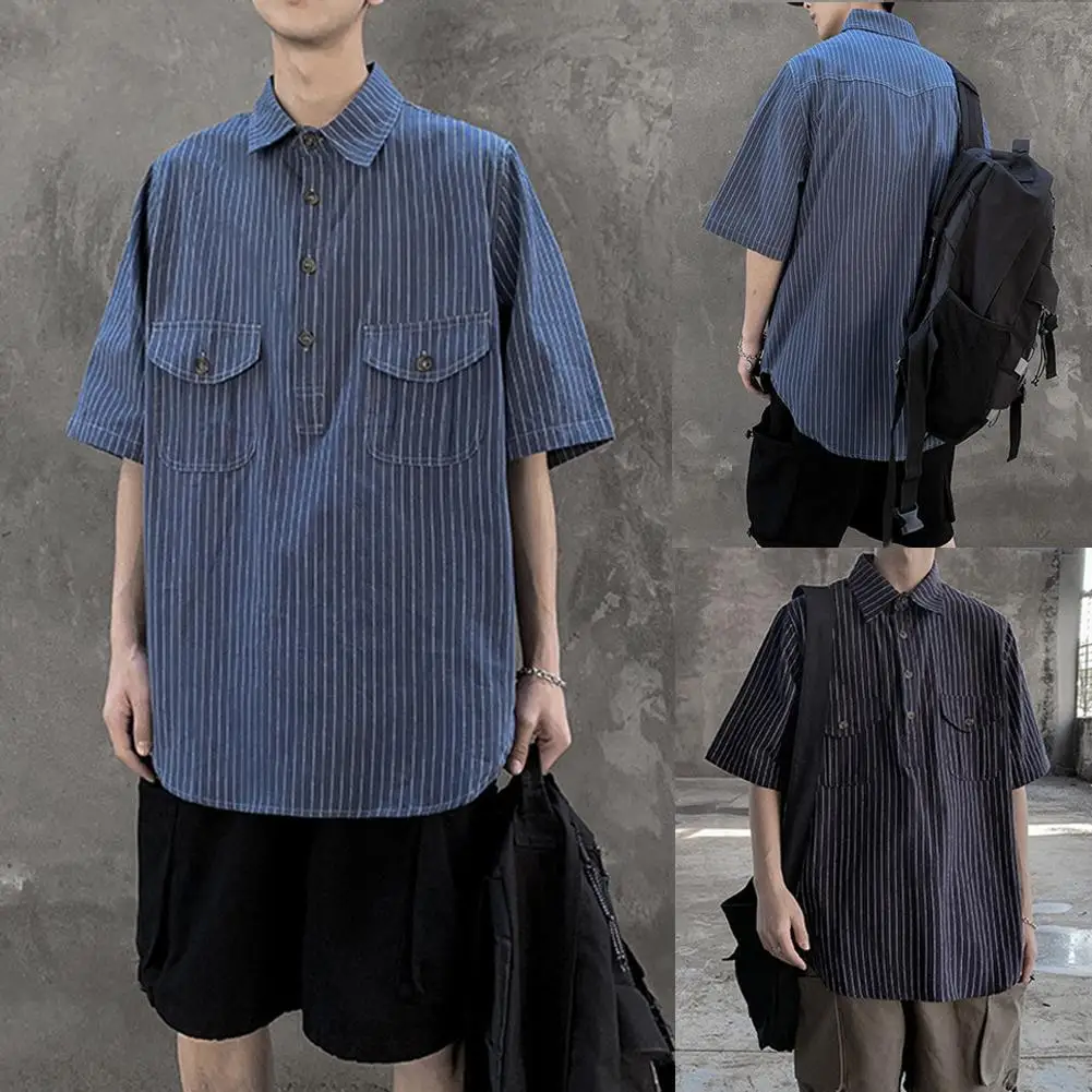 

Safari Style Striped Short Sleeves Shirt Stylish Pocket Button Summer Men Loose Casual Top Workwear Short Sleeve Tee Shirt