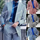 Летняя пляжная одежда для жениха синийрозовый полосатый пиджак с заостренными лацканами и брюками облегающий свадебный смокинг мужские блейзеры свободного кроя