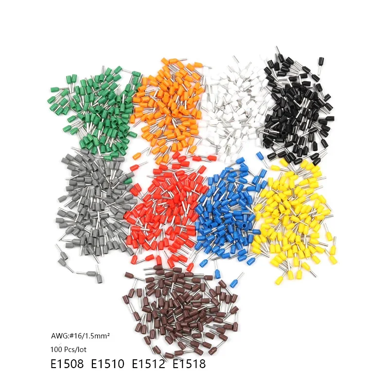 100 шт., E1508, E1510, E1512, E1518, Изолированные наконечники, Клеммная колодка, концевой провод, соединитель, обжимной Терминатор для 1, 5 мм2, 16 AWG - изображение