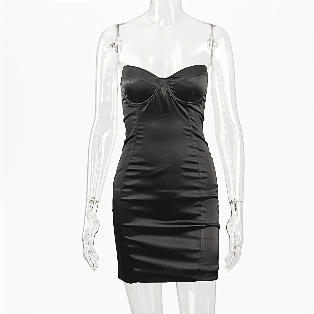 

Strapless Structured Padding Mini Satin Dress Lined Solid Women Sexy Club Wear Outfits Party Dress