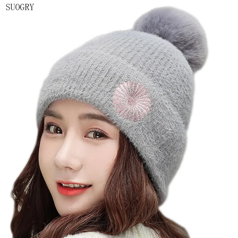 

SUOGRY 2019 New Embroidery Pom Poms Winter Hat for Women Fashion Solid Warm Hats Knitted Beanies Cap Brand Thick Female Cap