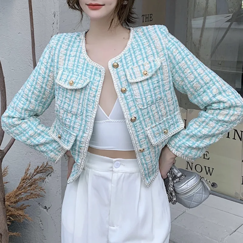 

Small Fragrance Short Tweed Jacket Coat Women Long Sleeve Plaid Slim Vintage Woolen Top Autumn Winter Fashion Casual Outwear New