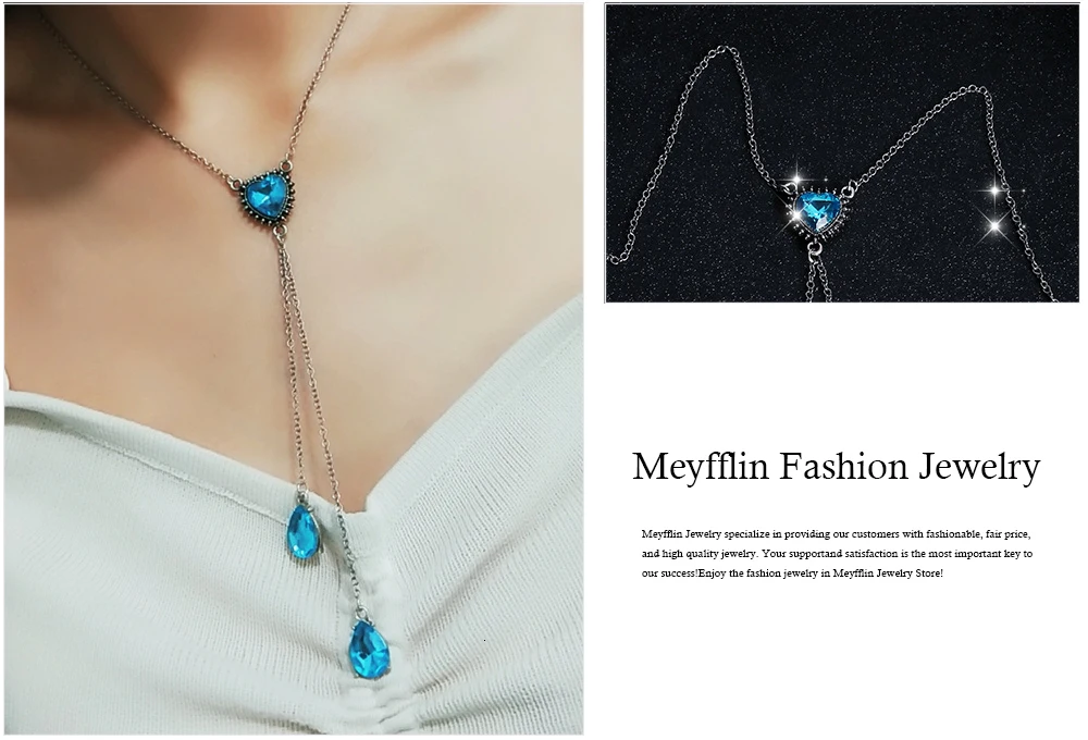 Meyfflin, длинное ожерелье с голубым камнем в форме сердца для женщин, богемное колье с кисточкой, модное ожерелье с подвеской, Серебряное колье, ювелирное изделие