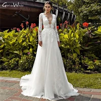 elegant boho long sleeve wedding dress 2022 lace a line bridal gown deep v neck vestido de novia bride dresses backless