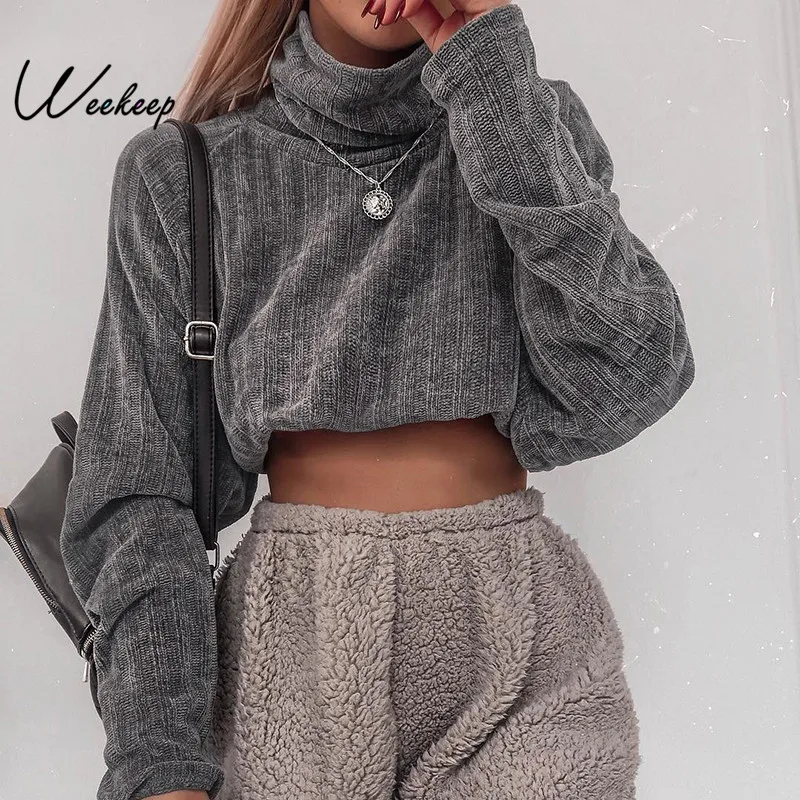 

Weekeep Cropped Turtleneck Long Sleeve Sweater Women Autumn Winter High Street Pullover Sweater 2020