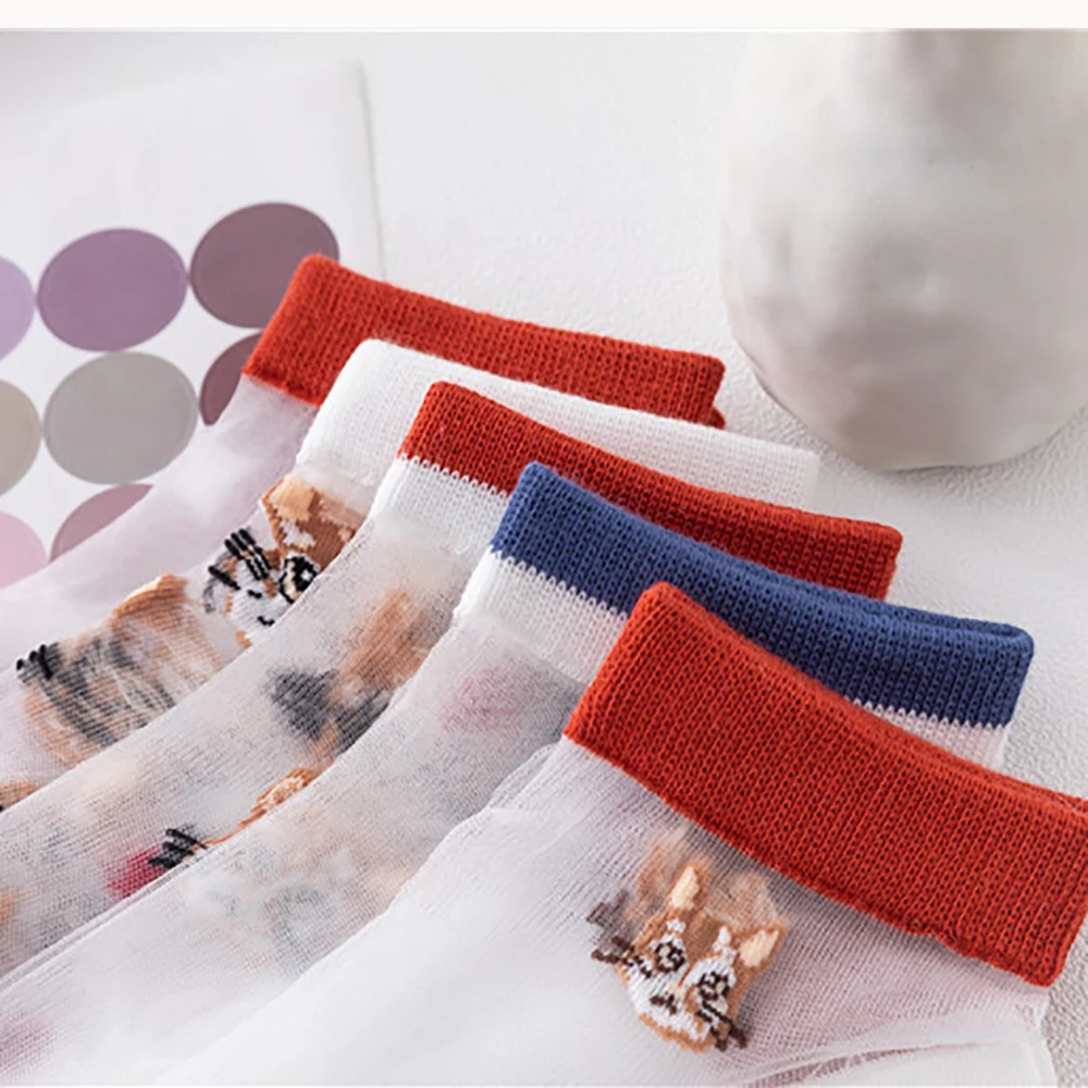 

Small Cat Cartoon Boat Socks Bottom Low Ankle Socks Ladies Transparent Crystal Women's Socks Cotton Female Girls Socks