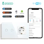 Умный сенсорный выключатель Bseed с Wi-Fi, 2 клавиши, розетка европейского стандарта, 3 цвета, стеклянная панель, работает с приложением Smart Life Tuya