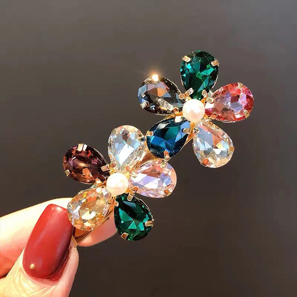 

2pcs/set Rhinestone Flower Petal Hair Clips Glitter Metal Duckbill Clips for Women Girls Fashion Simple Hairpins Headwear