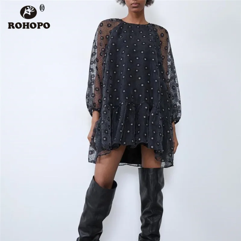 ROHOPO круглый воротник длинный рукав тюль весна Черное мини платье большой полк в