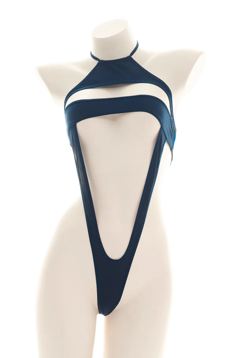 

Dark Blue High Split Conjoined Open Chest Bandage Pajamas Sexy Jumpsuit Nightdress Sukumizu Hanging Sexy Sleepwear Cosplay