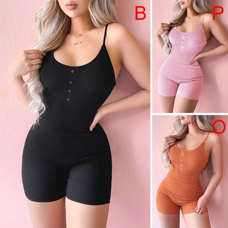 

Women's Jumpsuit Summer Female Sexy U Neck Sleeveless Solid Color Slim Bodycon Three Color For Party Casual Wearing