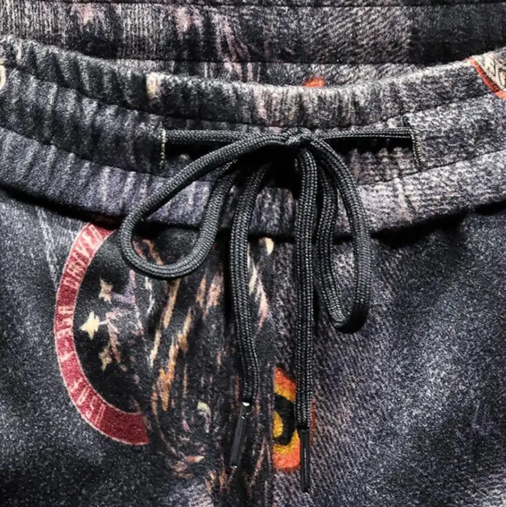 New European printing pants men's jeans American style digital slim-fit flower trousers lace-up closure stretch casual trousers