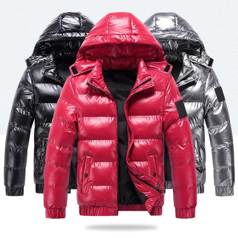 

Silver Shiny Men's Winter Coat Vogue Hooded Warm Thicken Cotton Padded Jacket Men Solid Color Young Man Parkas Outwear MY308
