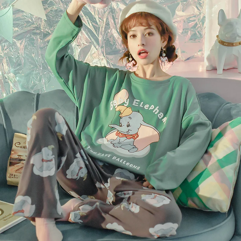 Disney Dumbo Women's Autumn Winter Two-piece Home Suit Soft Casual Long-sleeved 100% Cotton Long Sleeve Top Pants Pajamas Women