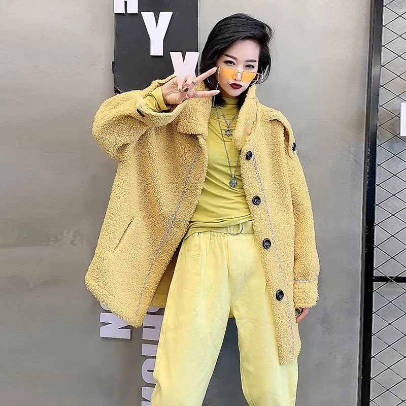 yellow Noble Sheepskin Wool Fur Blends Coats for Women Winter Fashion Wool Fur Coat Female Warm Outwear Sheep Shearing lady Fur Jacket - Цвет: yellow