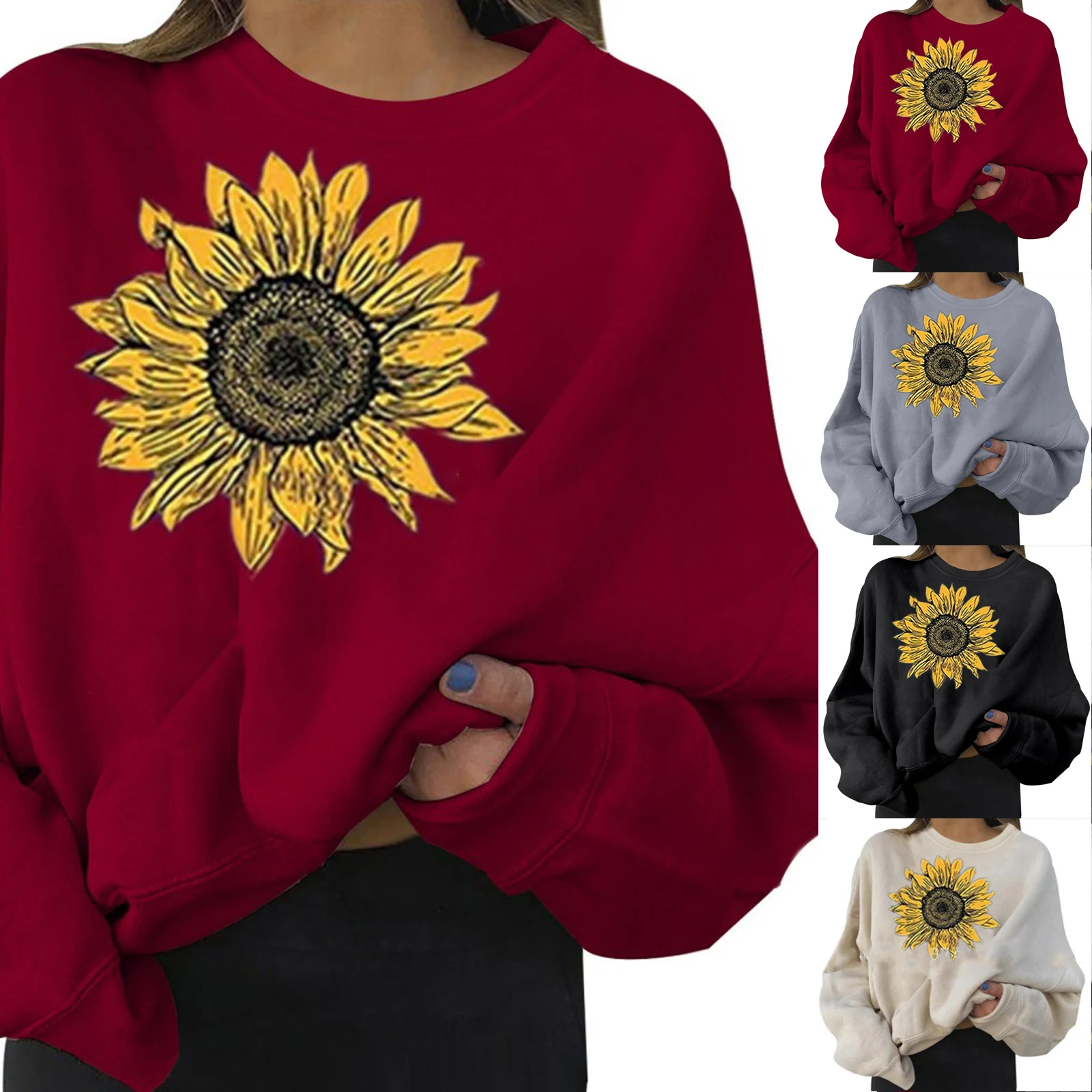 

Women’s Sunflower Print Pullover Tops Casual Long Sleeve Round Neck Loose Sweatshirts for Spring Autumn Red/Black/White/Grey