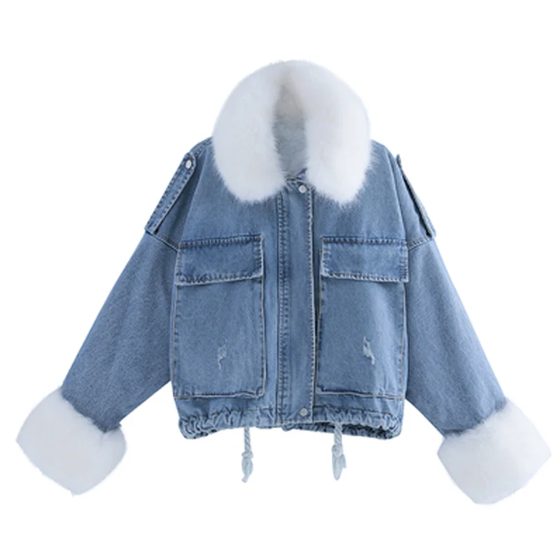 

2020 Cotton Short Jacket Winter New Fashion Loose Thick Plush Lining Big Fur Collar Denim Solid Color Pie to Overcome