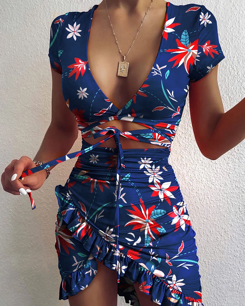 

Women's Dress Short Sleeve Cryptographic Floral Print Fashion Tie Up Wrap Mini Dress 2021Summer Holiday Ruffles Sundress Ruched