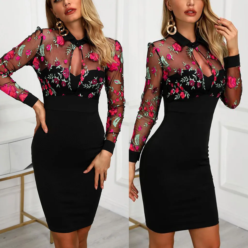 

Fashion Women Sheer Mesh Floral Embroidery Mesh Patchwork Casual Work Dress 2021 New Fashionable Hot Summer Dresses For Women