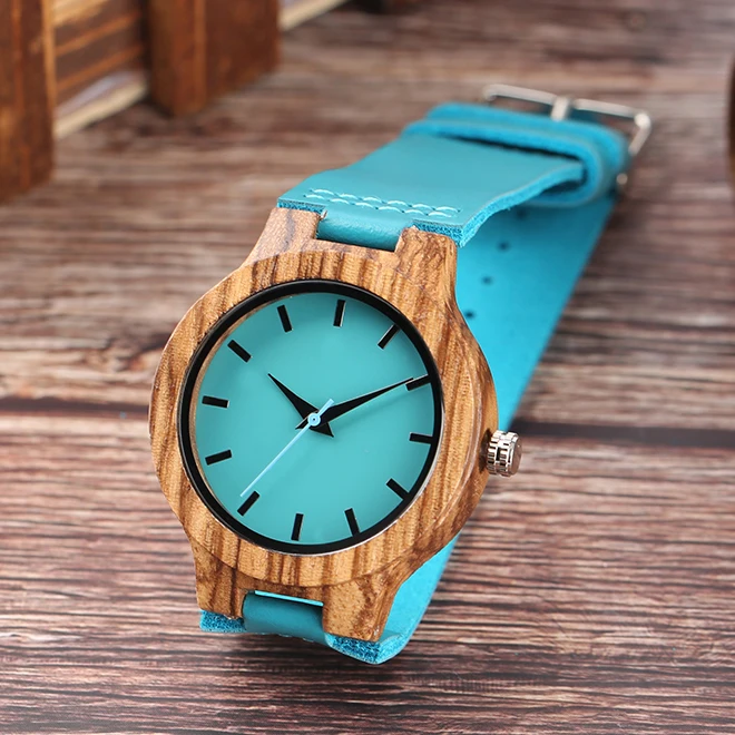 Роскошные Royal Blue Wood Watch Top Кварцевые Наручные Часы Натуральный Бамбук Часы Повседневная Кожа Подарки на День