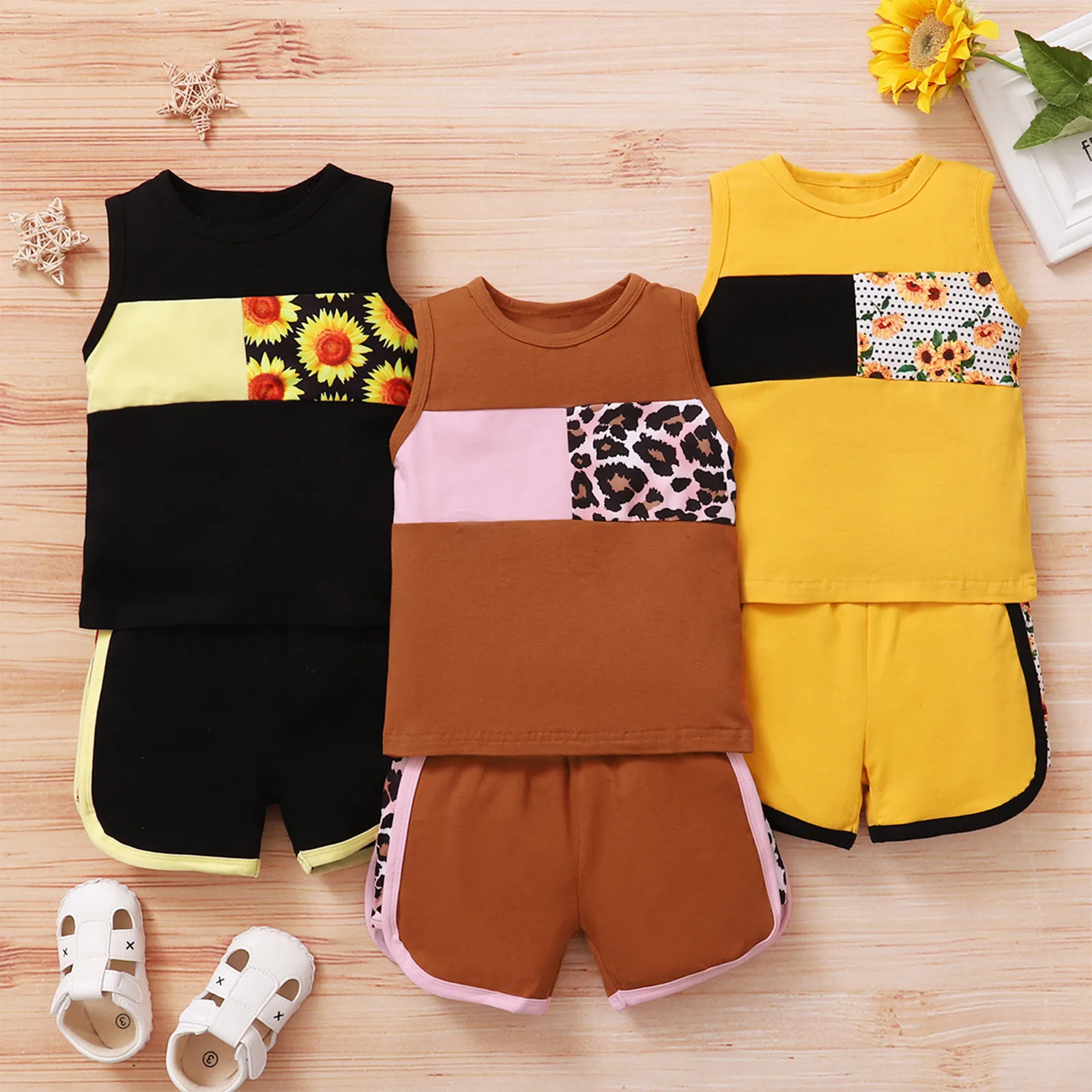 

Kids Clothes Girls Sets Summer Baby Boys Girls Sleeveless Daisy Sunflower Leopard Printed Tops+shorts Outfits Set Vetement Fille