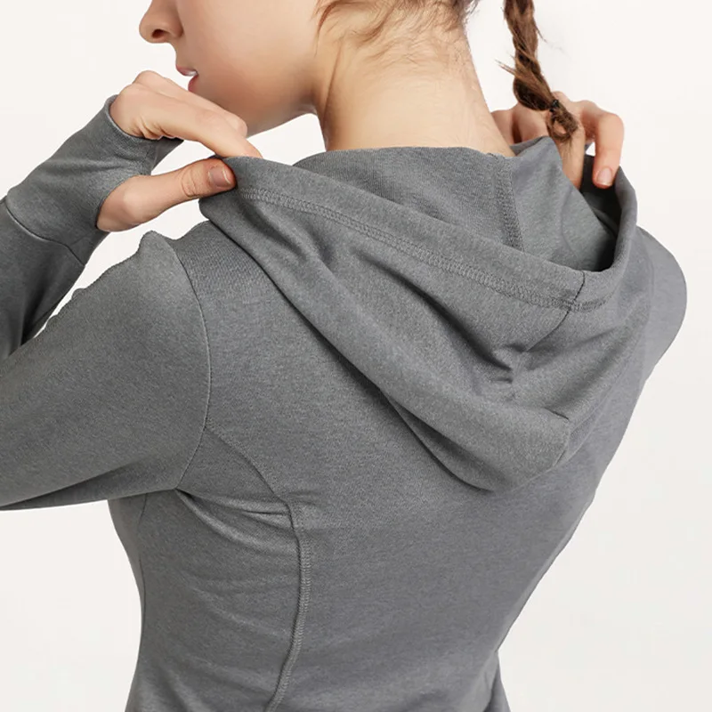 

Спортивная Весенняя женская одежда для йоги с логотипом бренда, топы с капюшоном, Свободный Топ с длинным рукавом для отдыха, оптовая продаж...