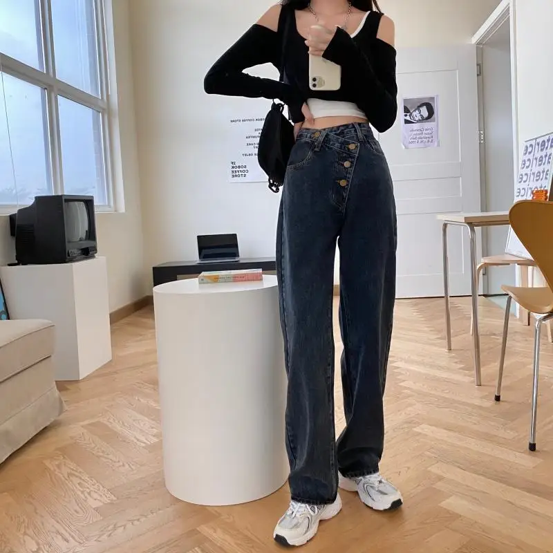 

High Waist Boyfriend Jeans Women Wide Leg Straight Mom Jeans Chic Streer Korean Denim Pants 2021 Blue