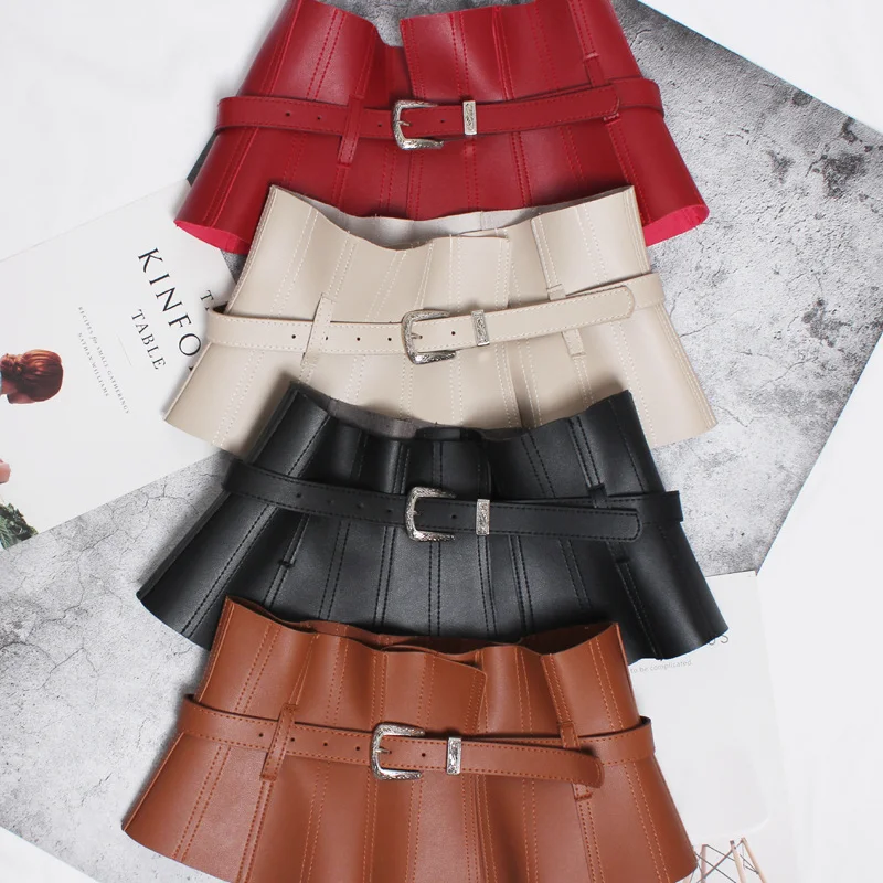 New Fashion Pu Leather Black Ruffles Buckle Split Joint Personality Wide Belt Women Fashion All-match Summer Accessories 2021