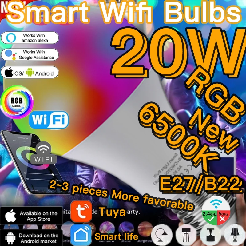 

Smart Bulbs Light Bluetooth APP Control E27 LED Lamp RGB Magic Light Alexa 20W Spotlight Home Decor Wifi Or IR Remote Control