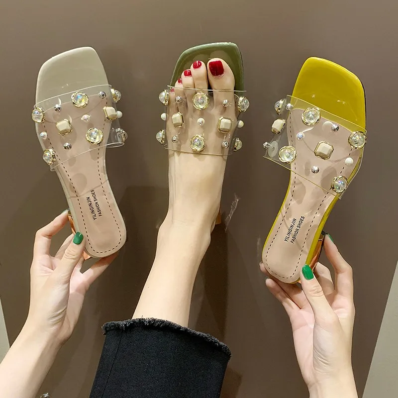 

Новинка лета 2021, женские сандалии, милые модные подходящие ко всему тапочки, Изысканные жемчужные прозрачные туфли на высоком каблуке