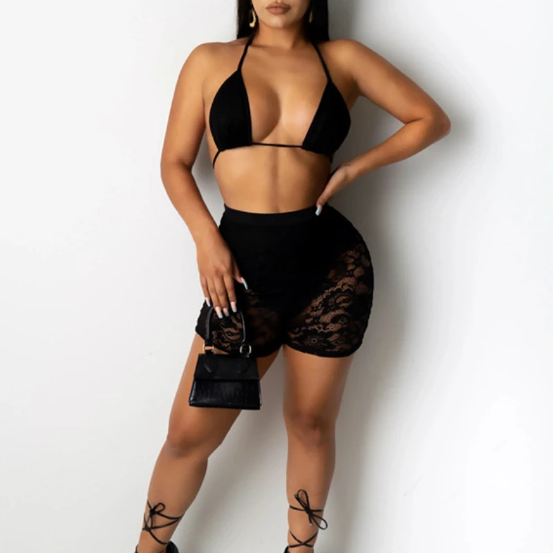 

Женское сексуальное кружевное нижнее белье из двух частей, летний треугольный бюстгальтер с лямкой на шее, шорты, нижнее белье, пижамы, перс...