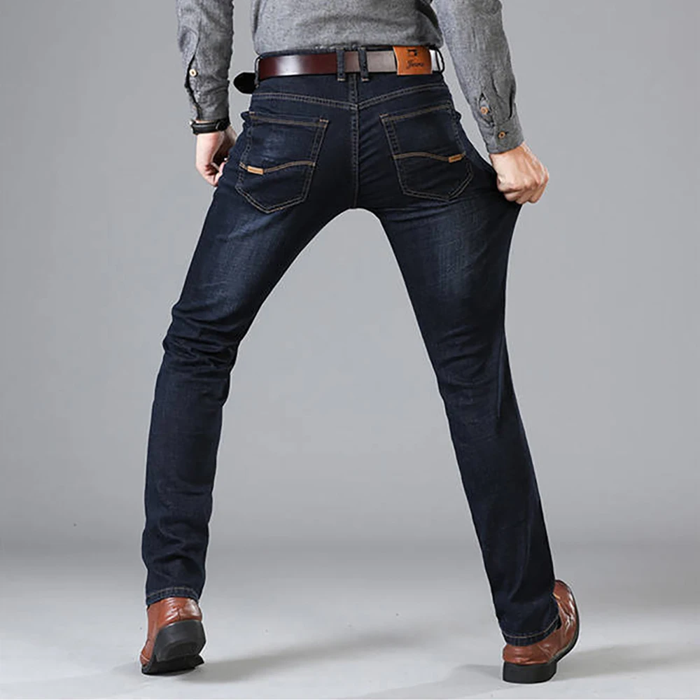 Spring Autumn Men Brand Smart Casual Jeans Elastic Comfort Straight Denim Pant Blue Black Male Stretch Classic Business Trousers