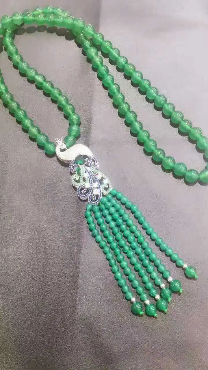 

green jasper round 8mm and tessel long necklace wholesale 34inch FPPJ wholesale beads gift