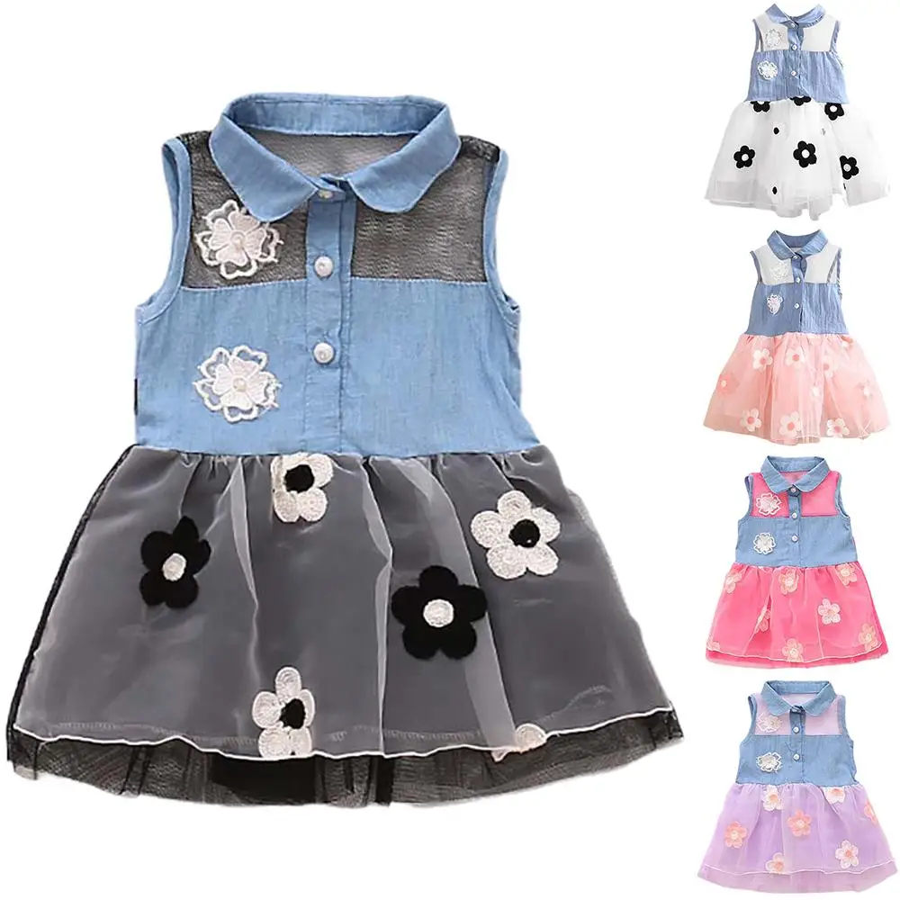 

Kids Girls Sleeveless Lapel Buttons Vest A-line Dress Summer Mesh Patchwork Floral Print Adorable Princess es Pink