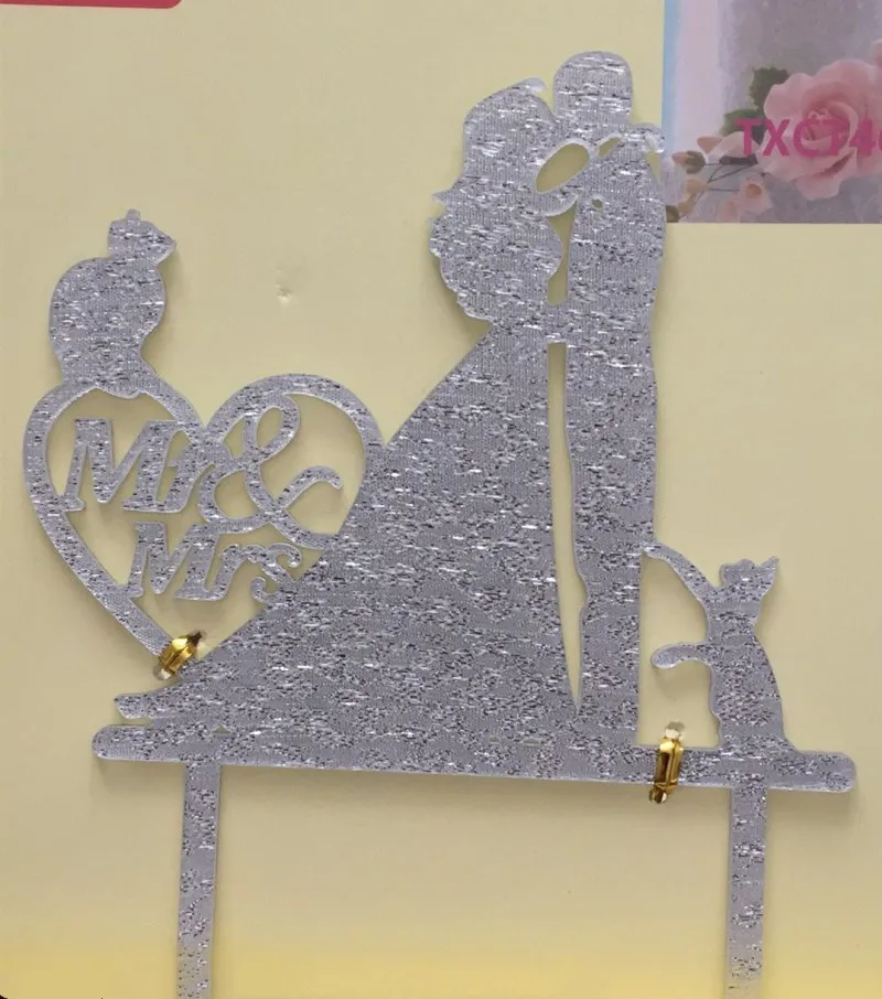 glitter silver Черный акриловый поцелуй жениха и невесты с 2 кошками свадебный торт Топпер Mr& Mrs топперы для украшения свадьбы - Цвет: glitter silver
