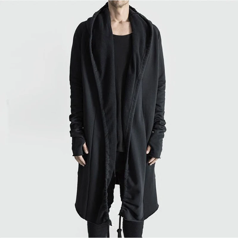 Knit Cardigan Men's Jacket Unisex Hooded Long Frayed Drawstring  New Autumn and Winter Pure Cotton