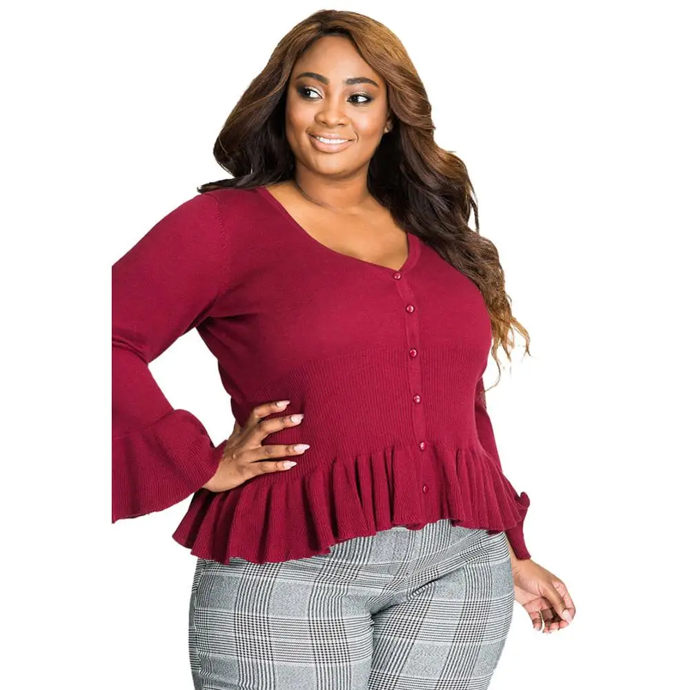 

Plus Size Winter Sexy Woman Sweater v-Neck Full Flare Sleeve Lady Cardigan Single Breasted Female Clothing 2020 Fashion Ruffled