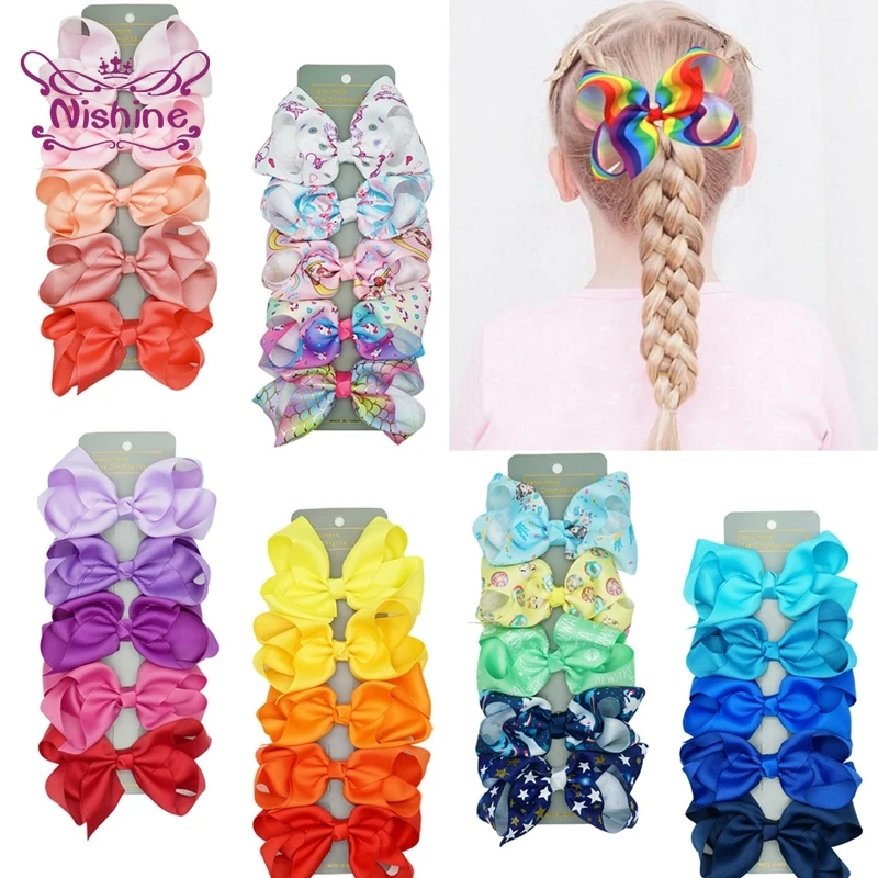 

Nishine 5pcs/lot 4 Inches Cartoon Unicorn Print Grosgrain Ribbon Bowknot Baby Girls Hair Clips Colorful Striped Bows Hairpins