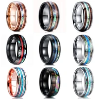fashion 8mm mens rose gold color stainless steel rings hawaiian koa wood and abalone shell opal inlay ring wedding band jewelry