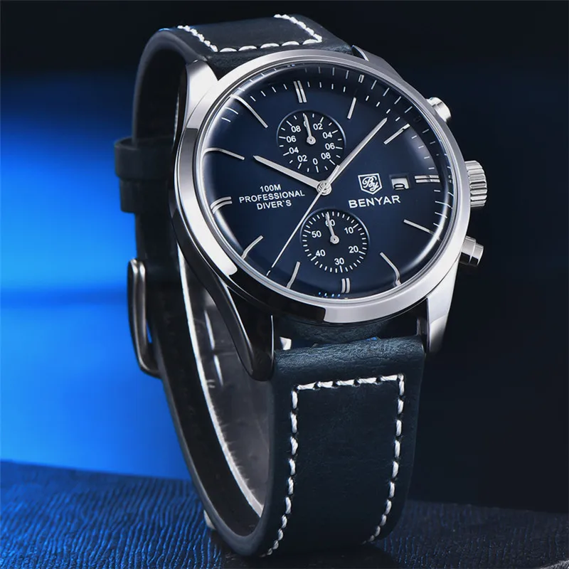 Часы BENYAR мужские с хронографом водонепроницаемые спортивные синие наручные часы