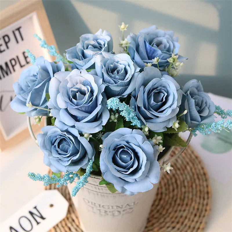 blue 9 головок, 6 цветов, искусственные шелковые розы, цветы, букет, Флорес, для дома, вечерние, весенние, свадебные украшения, для свадьбы, для свадьбы, искусственный цветок, Шелковый цветок - Цвет: blue