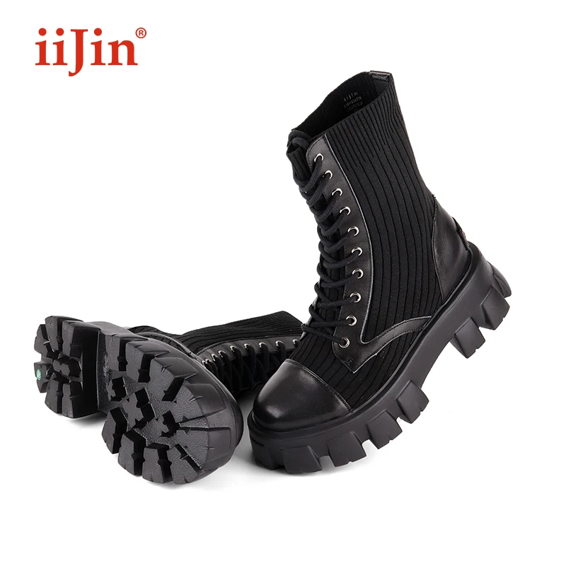 

IIJIN Elastic stockings inner heightening martin shoes thick-soled fashion street leisure mid-tube lace up female women's boots