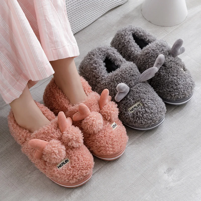 

Winter Cotton Women's Slippers Cute Cartoon Antlers Home Couple Indoor Warm Plush Cotton Women Men Shoes Fuzzy Slippers