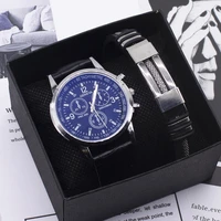 2pcs mens watch bracelet set with black box fashion leather analog quartz wristwatches business gifts set for men drop shipping