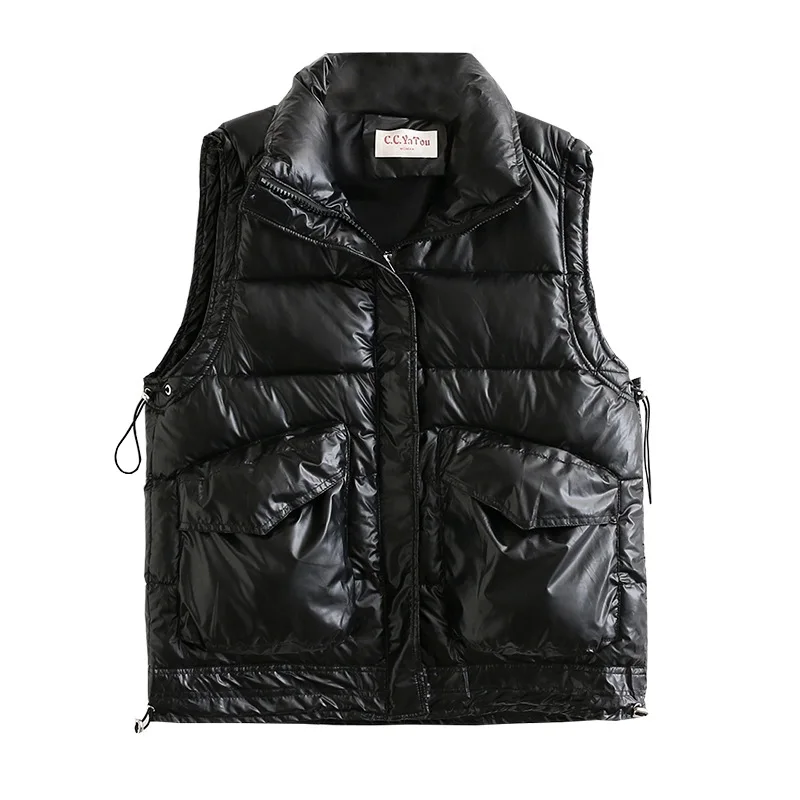 Женский жилет без рукавов зимний теплый больших размеров с воротником-стойкой