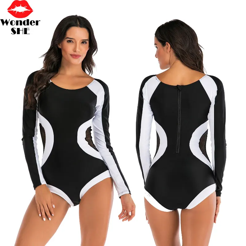 2020 белый черный длинный рукав Рашгард молния Купальник женский купальный
