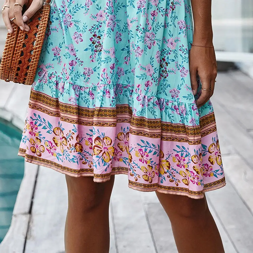 

HOT SALES!!! Women Boho Short Sleeve Deep V Neck Chest Bandage Floral Print Knee-length Dress