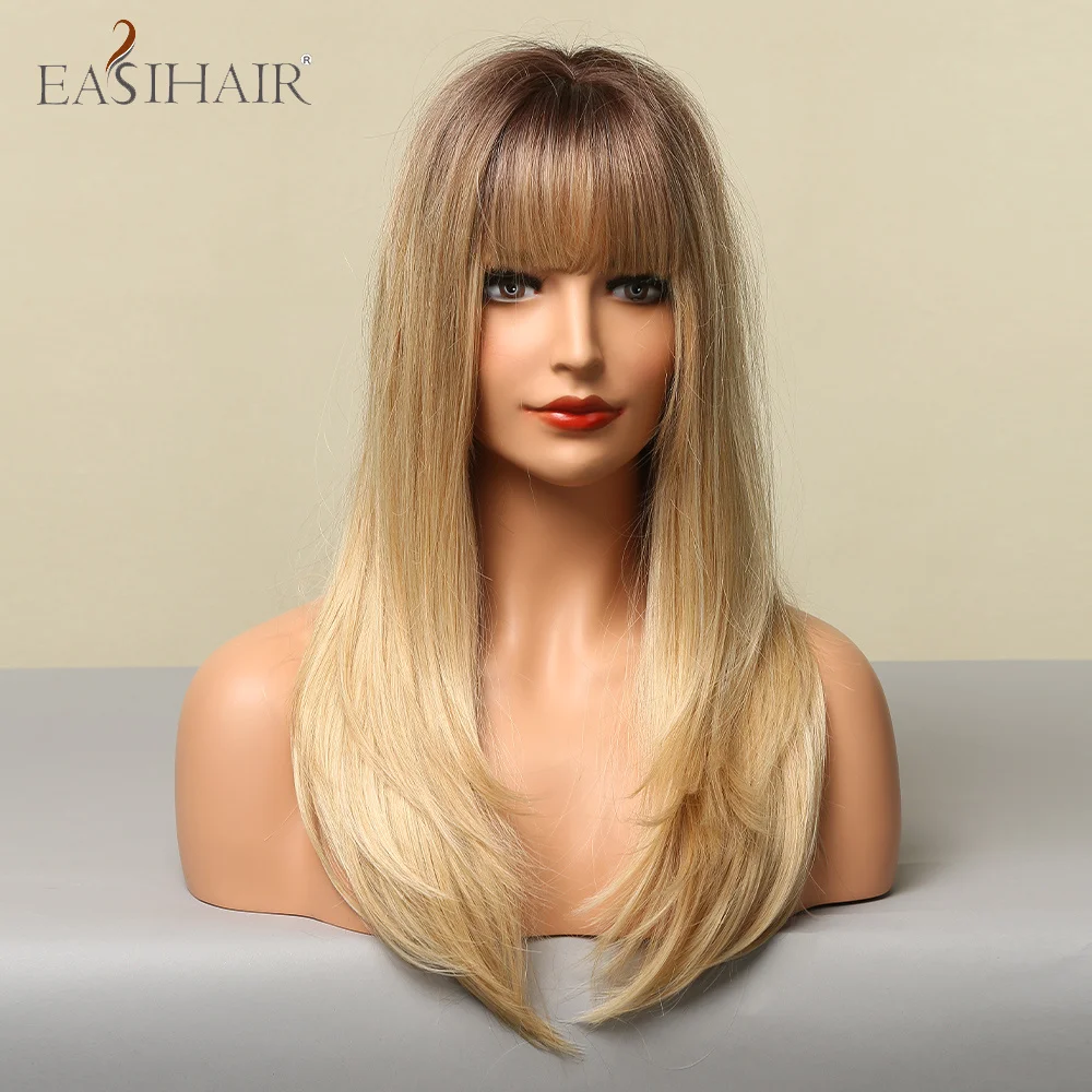 EASIHAIR-Peluca de cabello sintético para mujer, cabellera artificial con flequillo largo y liso, color marrón y Rubio, Natural, resistente al calor, uso diario