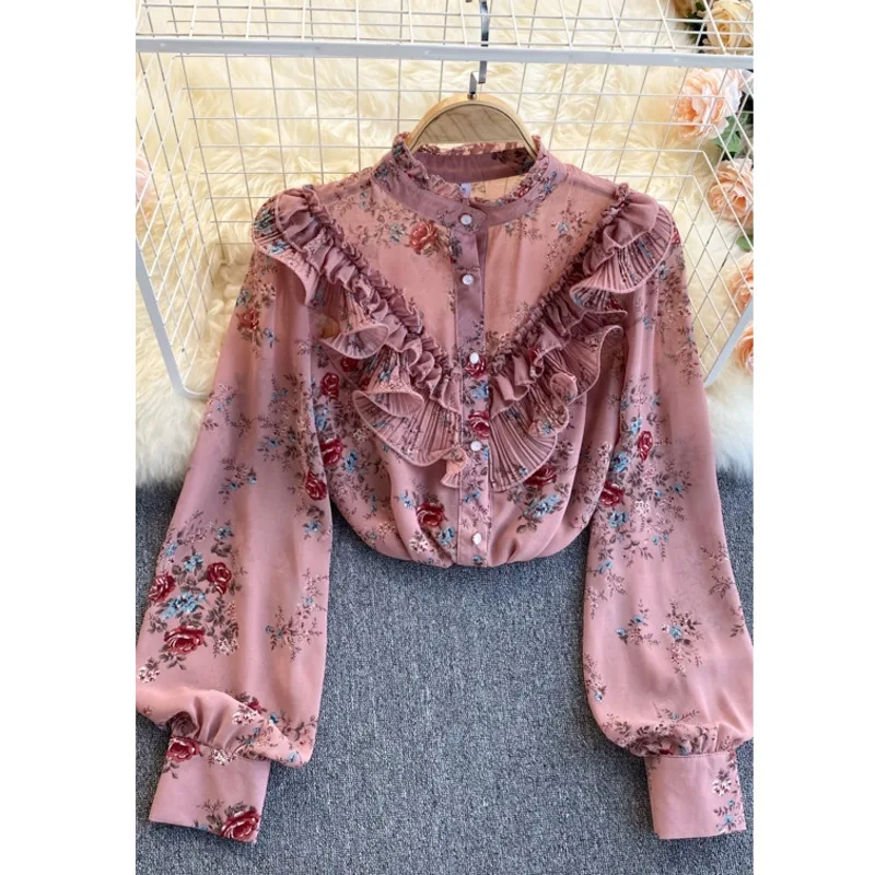 

Women Summer Chiffon Blouse 2021 Stylish Floral Print Long Lantern Sleeve Casual Shirts Ruffles Buttons Blusas